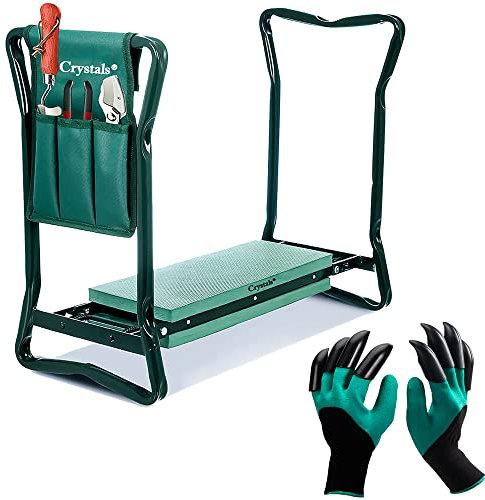 Crystals Garden Kneeler Seat with Handles - 3 in 1 Portable Kneeler for Gardening with Tools Set Bag and Gloves - Heavy Duty Garden Stool and EVA Foam Kneeling Pad Foldable