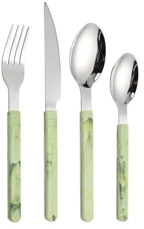 Retro Chinese Style PP Handle Kitchen Stainless Steel Silverware Tableware Flatware Cutlery Set Steak Knife Fork Spoon Teaspoon (Emerald Green,4 Pieces)