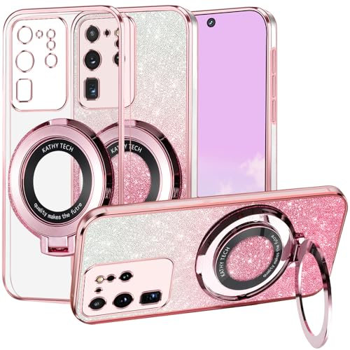 Kainevy Cover per Samsung S20 Ultra 5G Trasparente Magnetica con Supporto Compatibile con MagSafe, Sottile Silicone Custodia per Samsung S20 Ultra 5G Glitter 2 in 1 Copertura Separabile Rosa (Rosa)