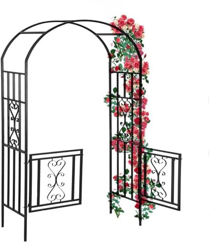 Yidelchon Gartenbogen Für Verschiedene Kletterpflanzen, Metall Torbogen Mit Tor, Hochzeit Rankbogen Pergola Rankhilfe Spalier, Wetterfest Rosengestell, Einfache Montage(Black)