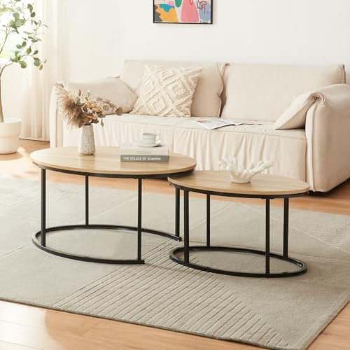 [en.casa] Satztisch Niederlande 2er Set Sofatisch Beistelltisch 2 Größen stapelbar Couchtisch Oval Wohnzimmertisch Teetisch mit Metallgestell Kaffetisch Schwarz/Eiche