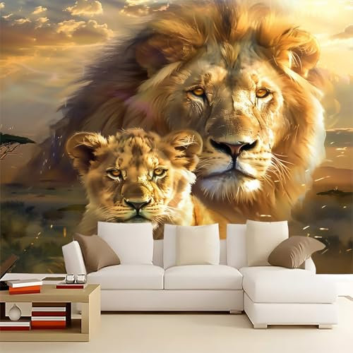 Papier Peint Panoramique 3D Lion Et Lionceau Animaux intissé Murale Or pour Salon Chambre d'enfants restaurant Décoration Murale Poster, 250x175cm