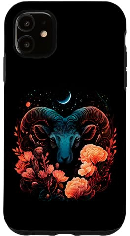 Hülle für iPhone 11 Kosmischer Widder mit Mond, Blumen-Sternzeichen