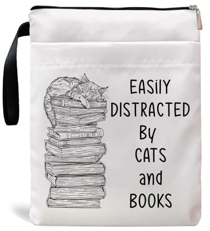 Book Sleeve, Book Covers with Zipper, Funny Cat & Book for Book Lovers, Gifts for Women Teacher Librarian Bookworm Bookish- Easily Distracted by Cats and Books (White-A, Large)