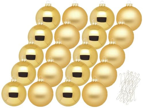Inge Glas Weihnachtskugeln mit Haken | Schöne Christbaumkugeln aus Glas | Set 20 Kugeln und 40 Aufhänger | Christbaumschmuck Weihnachtsbaumkugeln (Inkagold)
