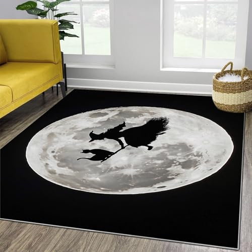 Area Rugs Living Room Gray and black Rugs for Bedroom Modern Floor Carpet Witch on broomstick across the moon Non Shedding Durable Super Soft Printed Small Rug Easy to clean washable 180 x 250 cm
