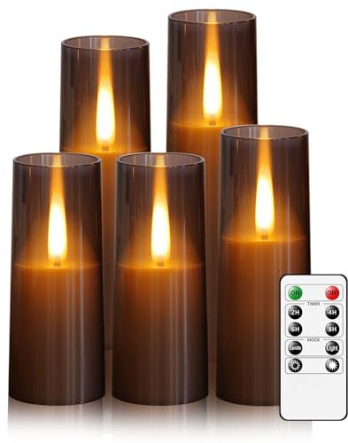 MOZC Flackernden Flammenlose Kerzen, Verbesserte LED Kerzen mit Springende Flamme, Batteriebetriebene Kerzen mit Fernbedienung und Timer, Acryl, Dekorative Kerzen, Grau, 5-teiliges Set