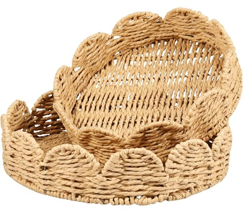 2Pcs Storage Baskets,Hand Woven Scalloped Basket,Decorative Paper Rope Braided Serving Tray,Multipurpose Storage Basket,Table Decor Trays for Coffee Table Home Room Decor