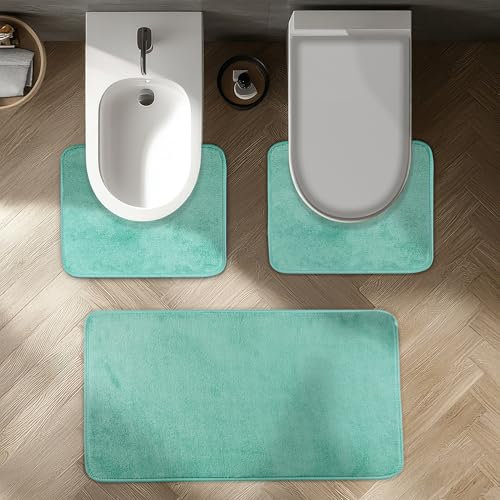 Comart - Set Tappeti Bagno Tahiti - Tris Tappetini Assorbenti: 1 Rettangolare 45x75 cm + 2 Giro Water 45x37.5 cm - Asciugatura Rapida - Salvaspazio - Antiscivolo - Lavabile in Lavatrice - Turchese