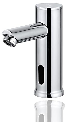 HOMSSY Grifo Electrónico Bajo con Sensor, Grifo Automático de 2 Aguas con Sistema Premezclador, Sensor Infrarrojo sin Contacto, Mezclador de Agua Fría y Caliente, Latón Cromado Resistente