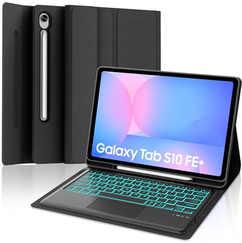 SENGBIRCH Keyboard Case for Samsung Galaxy Tab S10 FE Plus 13.1 2025 - UK Layout 7 Colors Backlit Touchpad Detachable Wireless Bluetooth Keyboard, Protective Folio Cover for Tab S10FE+ 13.1, Black