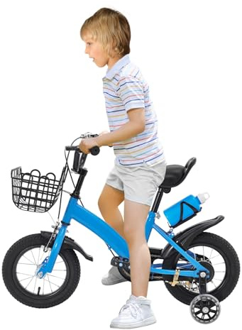 CUMELLIIR Kinderfahrrad 12 Zoll Jungen Mädchen, Fahrrad Mit Stützräder, Korb Und Wasserflasche, Höhe Einstellen, Hoher Kohlenstoffstahl Fahrrad Kinder Ab 3 Jahre, Blau