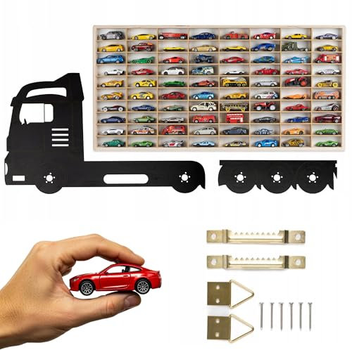 ArtTwist Modellauto Vitrine | Hot Wheels Aufbewahrung zu 80 Fächen | Sammlervitrine Hängend 78,5cm x 40cm x 4cm | Setzkasten Holz für Wanddeko und Organisation (LKW K01CL)