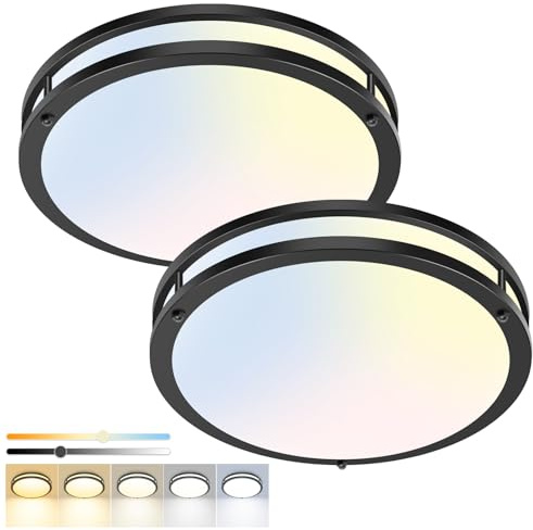 hepside 13inch Flush Mount Ceiling Light Fixture 2 Pack, Dimmable & 5CCT Ceiling Light Black, 24W 3000K 3500K 4000K 5000K 6500K Adjustable Ceiling Lamps for Bathroom Bedroom Hallway