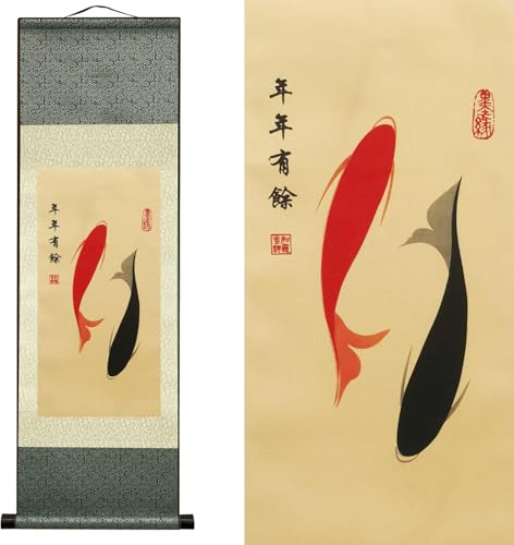 AtfArt Silk Scroll Painting, Double Fish, Chinese Art Decor, 36.2x12in | Ancient Double Fish Symbol, Auspicious Chinese Art Scroll for Living Room, Bedroom, Office Decor