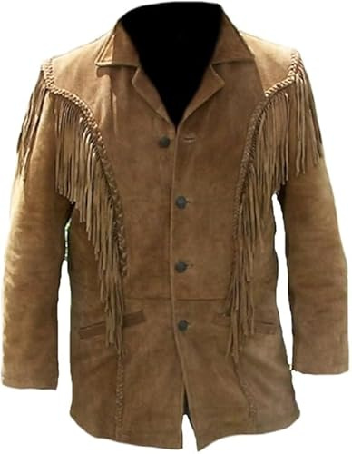 PLATOON Men's Cowboy Jacket Western Fringed Suede Leather Coat