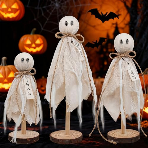 SINZONeu® Holz Geister Deko Set aus 3 Größen - Rustikale Farmhouse Halloween Deko für Regal, Tisch, Mantel als Partydekoration innen (Weiß)