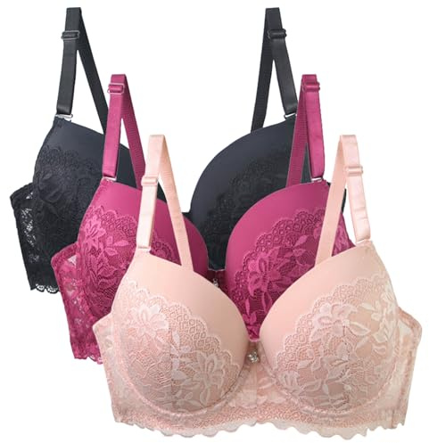 XCXC 3er-Pack Damen BH mit Bügel Push Up Spitzen Weich Bequemer Sexy Klassische BHS mit verstellbarem Träger Women Bra für Sport und Alltag