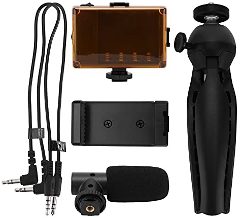 PODSJD Gimbal Vloging Kit estabilizador móvil con trípode, luz LED Bicolor y micrófono supercardioide - Accesorios electrónicos compactos para vídeo y livestream en Interiores y (Negro)