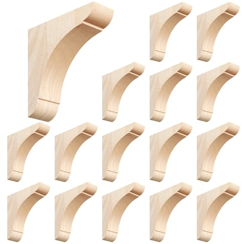 Vercraft 16 Pcs Wood Corbels Wooden Shelf Brackets Unfinished Paintable Bracket with Hanging Hook for Doorway Countertop Kitchen Cabinet Book Shelves, Rubber Wood (6 x 6 x 1.75 Inches)