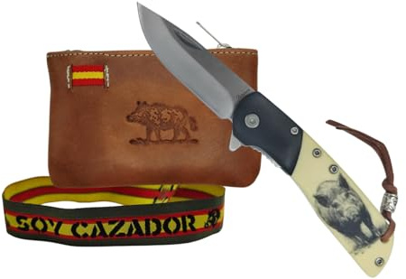 TORO SURVIVAL Taschenmesser Wildschwein-Design, 16,2 cm, 3Cr13MoV Liner Lock ohne Säge + Ledergeldbörse 10,5 x 7 cm mit Wildschweingravur + besticktes Armband Soy Jäger (ABS Schwarz)