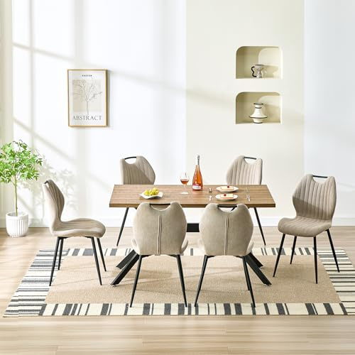 LEWE Essgruppen Esstisch aus Holz mit 6 Khaki Stühlen 140 x 80 x 76 cm | Rechteckig Esstisch mit 6 Esszimmerstühle mit Hohe Rückenlehne, Integrierter Griff, Tischset für Küche Esszimmer Wohnzimmer
