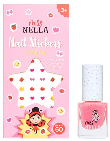 Miss Nella Nail Stickers and Peel Off Nail Polish Duo for Kids, Pink or Red, 60 Stickers, 4ml, Non-Toxic, Ages 3+ (Pretty Pop)