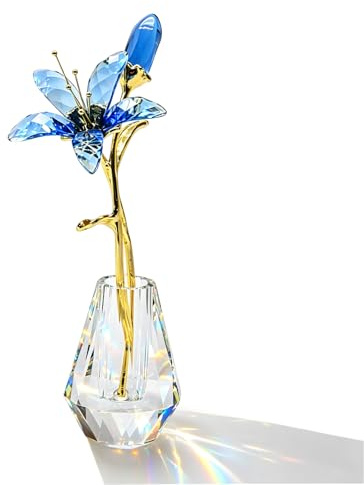 Hoypeyfiy Kristallblaue Lilienblumenfigur Kristallblume Lilie Glasblumen | elegante Sammlergeschenke für Frauen Wohnhochzeits- und Partydekor mit Kristallvase und Metallstängel swarovski figuren