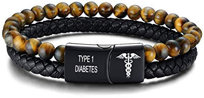 MPRAINBOW Typ-2-Diabetes-Armband für medizinische Notfälle, Punk, Hip-Pop, Edelstahl-Magnetverschluss, geflochtenes Leder, natürliche Tigeraugen-Perlen, Wickelarmband für Männer und Frauen, 21.5 cm,