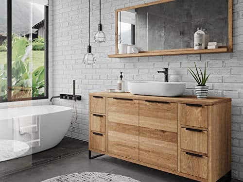 Woodkings Badmöbel Set Sydney 2teilig Massivholz Wildeiche 138cm | Waschtisch mit Spiegel, Badezimmer Möbel Holz rustikal Stauraum