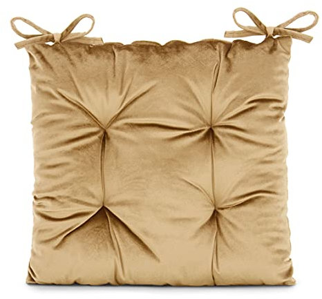 AmeliaHome Stuhlkissen mit Bändern 40x40 cm Sitzkissen Samt Velvet Optik Aleksa Senfgelb