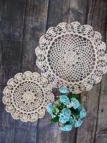 Yulakes 2 Stück Handgemachte Spitze häkeln Baumwolle Tischset,Tasse Untersetzer Spitzendeckchen Häkeldeckchen Tischdecke,Gehäkelte Teedeckchen Pfannenunterlage 20cm/30cm Beige