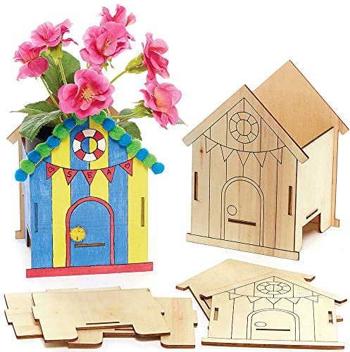 Baker Ross FC791 Strandhütte Holzbauten Set Blumentopf - 3er Pack, Bastelsets aus Holz für Kinder zum Basteln, zum Bemalen und Dekorieren