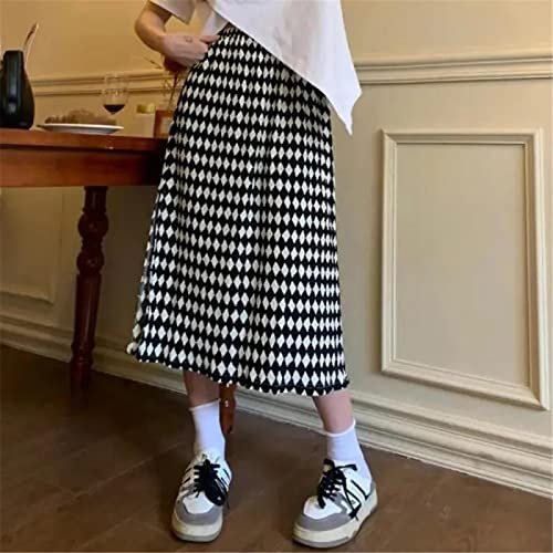 Bysonglezai Rock Damen Langer Falten Taille Linie Skirt Vintage Checkerboard Long Skirts Women Plaid High Waist A-Line Autumn Fashion Loose Chic Elegant Office Lady Slim Casual XXL Black