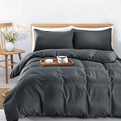 MOONLIGHT20015 Double Duvet Cover Charcoal Solid Soft Pre-Washed Double Bedding Duvet Cover Set with 2 Matching Pillowcases