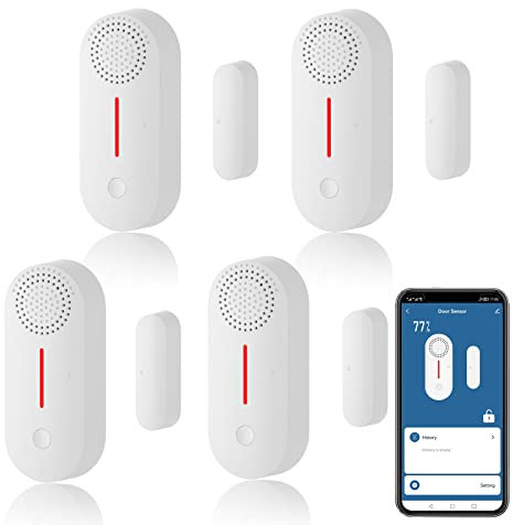WiFi Smart Türsensor, drahtloser Türfenster Sensor Alarm, Mini Kontaktsensor für die Sicherheit zu Hause, Push Benachrichtigung, Lautstärke einstellbar, Timer, kompatibel Alexa/Google Assistant.4 Pack