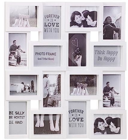 Large Multi Aperture Collage Picture Photo Frame Holds 16 Photos 6x4 Wood Look Square 3D Wall Display Decor (White)