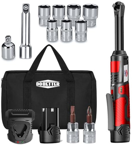 Dobetter Electric Ratchet Wrench 3/8 Cordless Ratchet Wrench Set, Extended 55 N·m Battery Powered Ratchet Tool with 1 Hand Tool, 7 Sockets, 2 Screwdrivers, 1 Extender, 1/4 Adapter and Bag-DBCRWI2L
