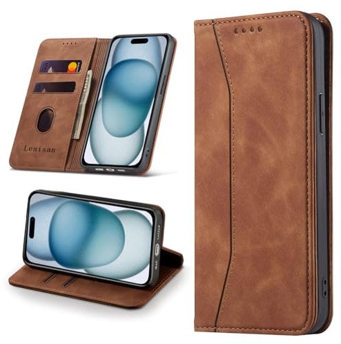 Leaisan Handyhülle für iPhone 15 Hülle Premium Leder Flip Klappbare Stoßfeste Magnetische [Standfunktion] [Kartenfächern] Schutzhülle für iPhone 15 5G (6,1 Zoll) Tasche - Braun