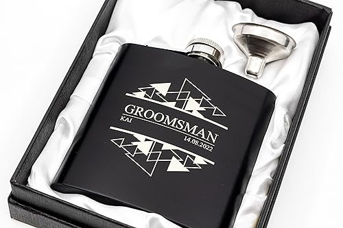 Engraved Hip Flask Gift Set, 6oz, Black/Silver, Personalized Design Options, Funnel Included (Geometric Banner, 6oz Black)