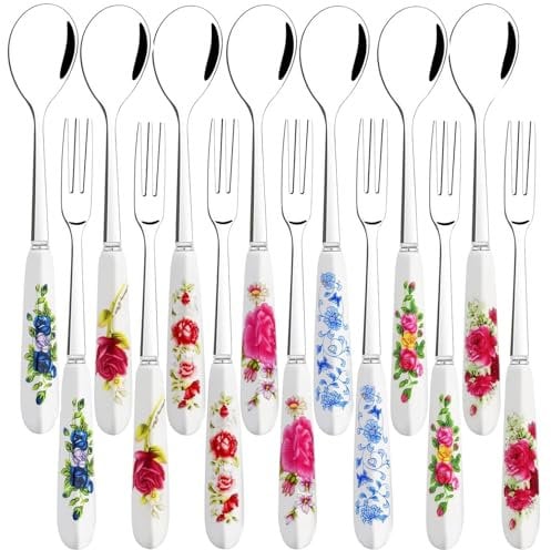 xlehoely 14 Pcs Dessert Forks and Spoons Silverware Set, Stainless Steel Cutlery with Porcelain Handles, Mini Coffee Spoons, Pastry Forks, Cake Forks, Tea Spoons for Dessert, Appetizers, Salad, Fruit