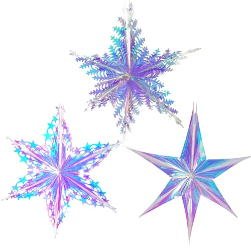 Snowflake Ornament Iridescent Hanging Decorations - GREATRIL Snowflakes Star for Frozen/Winter Onederland/Christmas/Birthday/Christmas Tree Ornaments/Fairy Princess Holiday Party Decoration - 3 PCS