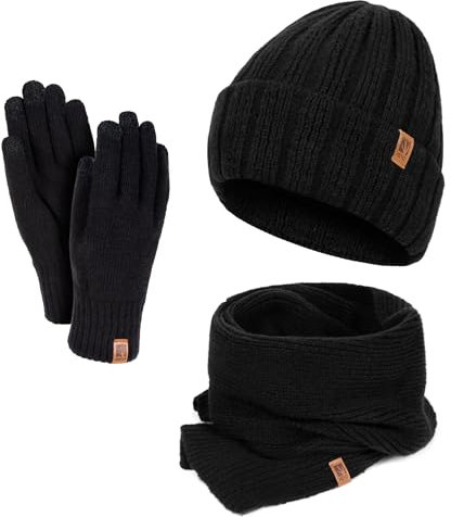 HEYO Damen Winterset gestrickte Mütze Schal weiche Handschuhe warmes Set für Damen Gefütterte Wintermütze mit Großer Winterschal Damenschal (Schwarz)