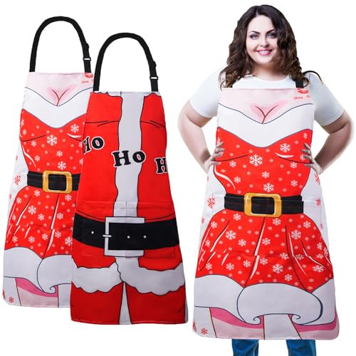 XIEJINJIA 2 Piezas Delantal de Navidad Santa Anime Esposa y Marido Divertido de Navidad Ajustable de Corbatas Largas con 2 Bolsillos Fiesta Navideña Cocina Hornear para Mujeres Hombres