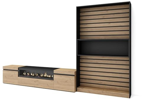 Skraut Home | Muebles de Salón para TV | Conjunto de Muebles Comedor | 210x186x35cm | para TV hasta 80 | Chimenea eléctrica | Estilo Moderno | Roble y Negro