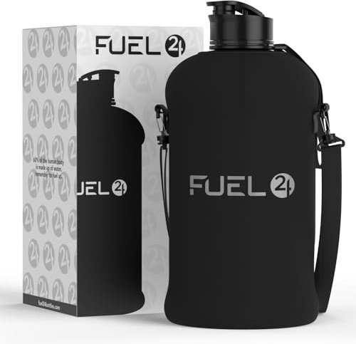 Fuel24 Jug with Insulated Sleeve & Removable Shoulder Strap | 2.2 Litre Water Bottle | Extra Strong Material | Drop Proof, Pop or Straw Cap | 2.2L Large Gym Sports Bottle | BPA FREE (Pop Cap, Stealth)