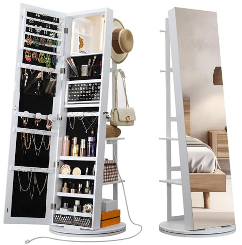 IRONCK Gabinete de joyería giratorio de 360° con espejo de longitud completa, organizador de joyas de pie con cerradura con estantes de almacenamiento traseros, espejo interior, luces LED, color