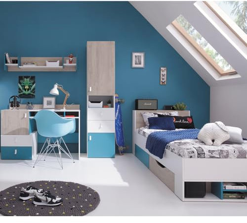 Lomadox Jugendzimmer Set 4-teilig mit Regalschrank, Wandboard, Schreibtisch, Bett in weiß/braun/blau Modern