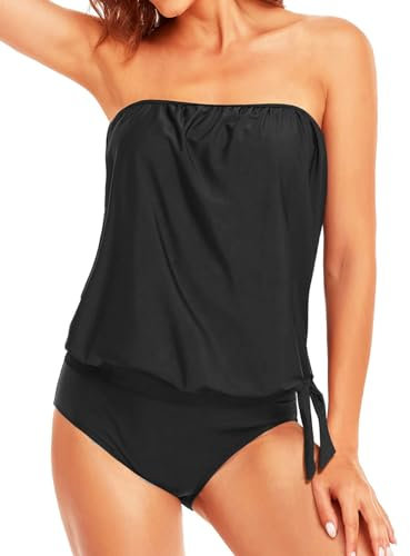 Yutdeng Tankini Maillot de Bain Femme 2 Pieces Sexy Push Up sans Bretelles Ensemble Tankinis Set Bandeau Haut Shorty Maillots Deux Pièces Élégante Tube Top Rembourré Swimwear Bandoulière Détachable