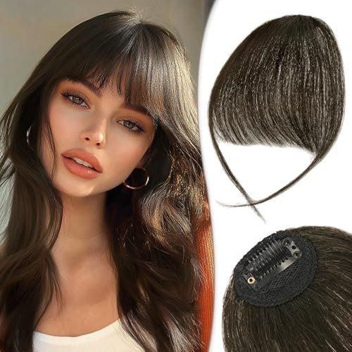 RUWISS Clip in Pony 100% Haarteil Echthaar Clip in Bangs mit Schläfen Remy Echthaar Fringe Bangs für Frauen Pony Extension Echthaar für Damen(Dunkel Naturbraun)